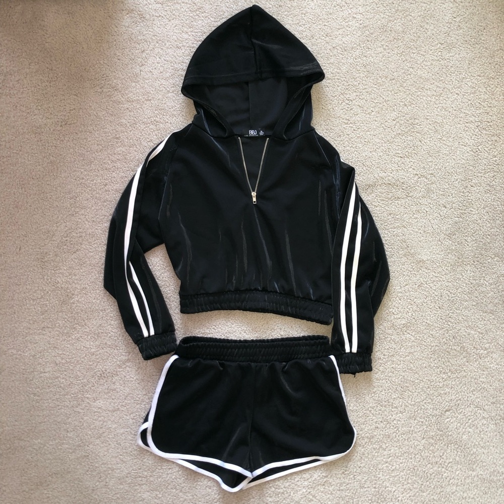 BBJ Los Angeles Set - Shorts & Half Zip Cropped Hoodie Black & White Stripes